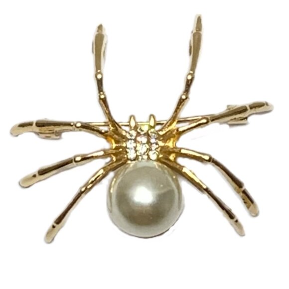 Gold Tone Alloy Spider Pin Brooch Faux White Pearl Gothic Halloween Rhinestones - Picture 7 of 8